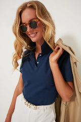 Regular Fit Polo Navy Blue T - Shirt for Women